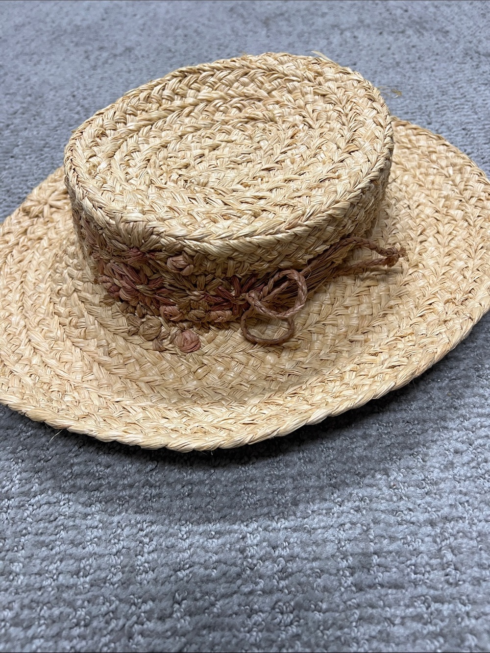 Helen Kaminski Natural Straw Boater Hat with Pink Floral Trim